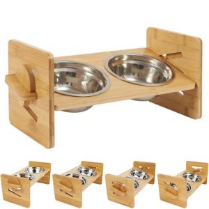 BingoPaw Gamelle Chat Chien Surélevée Bols Double en Inox pour Chats Chiots avec Support en Bambou Réglable en Hauteur 31x17x16cm