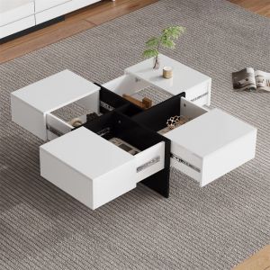 Table Basse Blanc avec Rangement - Table Basse Salon Extensible - Scandinave -  4 Tiroirs - Carrée Brillante - 70×70×35cm
