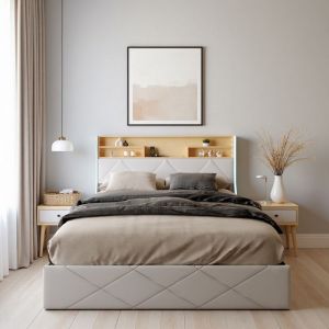 Lit hydraulique adulte 160x200 cm avec rangementLED et Ports de recharge cuir PU blanc-Lit coffre double design g&eacute;om&eacute;trique