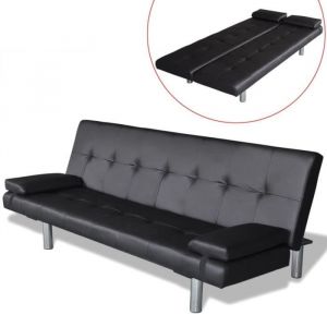 Canap&eacute;-lit r&eacute;glable en cuir noir - Banquette clic-clac convertible - 2 oreillers inclus