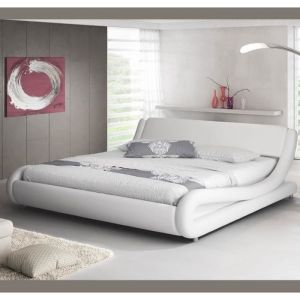 Lit Double ALESSIA - Blanc - 180x200cm - Bois et simili cuir