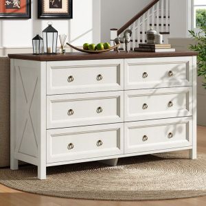 Buffet blanc vintage 6 tiroirs poignées aluminium plan noyer pour salle à manger chambre salon