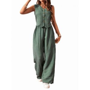 Ensemble 2 pièces décontracté dété pour femme ECELEN - Coton et lin - Col en V - Vert armée