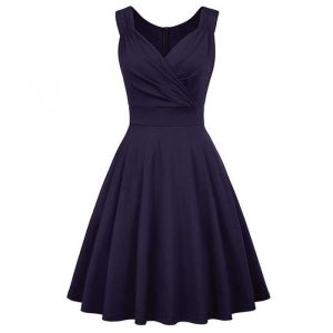Robe Cocktail Femme Sans Manches Col V Robe de Mariage Bleu marine Chic et Elegante