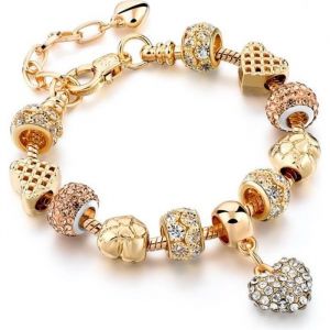 Bracelet Charms en forme de coeur couleur or pour femme avec pendentifs en cristal Swarovski