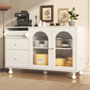 Buffet Bas Salon Moderne avec Porte-Serviettes3 tiroirs 2 Porte en VerreMeuble dEntréeMultifonctionnel120x40x75.5cmBlanc