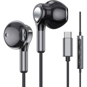Ecouteur USB C pour Samsung Galaxy S23 S24 S22 Ultra S21 S20 A54 A55 avec Micro et contrôle du Volume - Noir