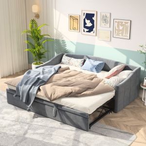 Lit gigogne - LUMINARIX - 90x200cm - velours- Gris- canapé lit extensible 90(180)x200 cm avec sommier à lattes- lit Banquette