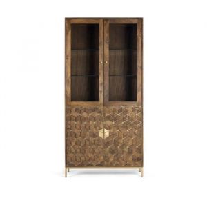 Vitrine en bois de manguier et m&eacute;tal coloris noyer Or - longueur 98 x profondeur 40 x hauteur 200 cm