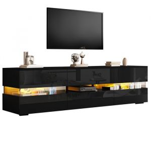 Meuble TV moderne noir brillant avec &eacute;clairage LED 2 portes 1 tiroir adapt&eacute; &agrave; un t&eacute;l&eacute;viseur de 70 pouces 160 x 39 x 45 cm