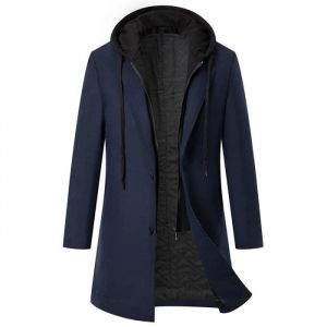Manteau Homme en LaineEpais Mi-long Manteau Hiver avec Parementure Zipp&eacute;e Amovible &agrave; Capuche-Bleu marine