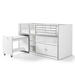 Lit Combiné Compact Enfant - PARIS PRIX - Bonny - Blanc - Bureau à roulettes - Armoires - Niche
