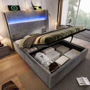 KoDise Lit coffre 90x200 cm Lit enfant Lit ado avec LED et port USB - t&ecirc;te de lit capitonn&eacute;e - Lin gris