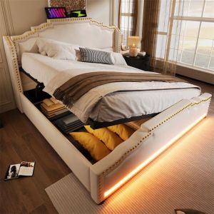 Lit coffre 160x200 Lit double avec espace de rangement hydraulique lit de rangement et lit pour adolescent Beige sans matelas