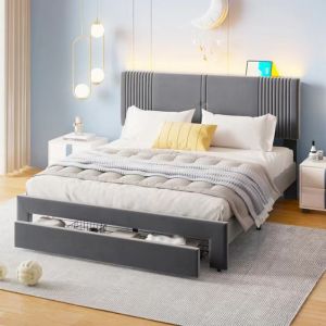 Lit 160x200 cm avec sommier et tiroir lit adulte avec éclairage LED et USB Hauteur de tête de lit réglable tissu en velours