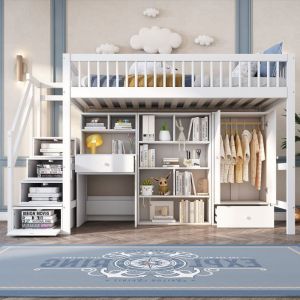 O.Ye Lit mezzanine 90 x 200 cm lit enfant avec bureau escalier rangements et armoire tiroirs bois massif + MDF LIT MEZZANINE