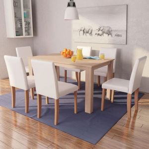 Prix bas - Lot de table et 6 chaises-Table et chaises 6 personnes Cuir synthétique Chêne Couleur crème （179611994669)
