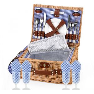 Panier Pique-Nique en Osier pour 4 PersonnesCouverture Pique-Nique Imperméable et Couverts Panier Picnic pour Camping Bleu