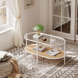 Table basse ovale 37 en rotin &ndash; &Eacute;tag&egrave;re 2 niveaux m&eacute;tal noir verre tremp&eacute; &ndash; Style boh&egrave;me farmhouse pour salon chambreBlanc