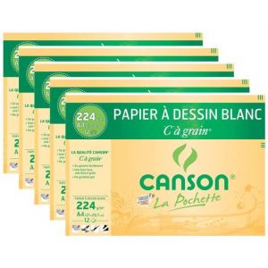 Papier Dessin - CANSON - C à Grain - Lot de 5 Pochettes - 12 Feuilles A4 - 224g Blanc