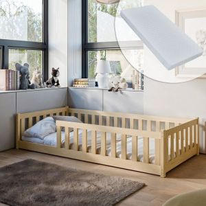 Lit au sol enfant 90x190 cm - Avec matelas + sommier + barrière de lit - Lit pour enfant Montessori - En pin massif -  Naturel