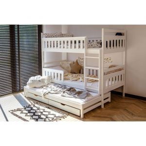 Lit superpos&eacute; 90x200 cm - 2 matelas INCLUS - Lit superpos&eacute; avec lit  gigogne - 2 tiroirs -  Sommier &agrave; lattes - Bois massif - Blanc