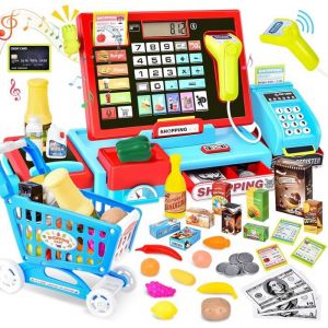 Jouet Caisse Enregistreuse pour Enfants - Inclut 46 Accessoires Vraie Calculatrice Scanner Son et Lumi&egrave;Re Chariot de Courses etc.