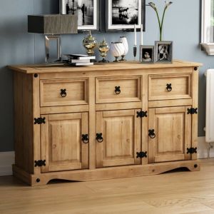 Buffet bas Corona 3 portes 3 tiroirs en pin massif finition cirée – Table armoire meuble de rangement