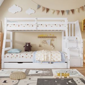 Lit superposé 90/120x200cm lit gigogne pour enfants avec  armoire à échelle et main couranteblanc