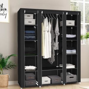 YIS Armoire à Vêtements Penderie Noir - Dressing en Tissu Non-tissé Cadre Métal - Garde-Robe Chambre Adulte Enfant - 134x 43x 172cm
