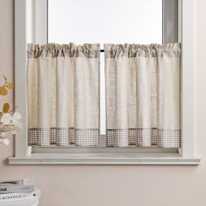 Hongya 2 Pieces rideau brise bise court cuisine Voilage avec cordon de serrage Bistro magasins de lingerayures marron-L90 x H90 cm