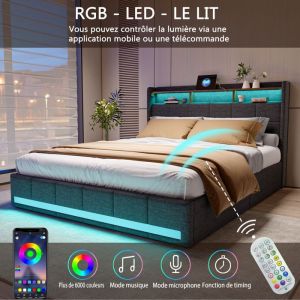 Cadre de Lit 140x190 avec sommier LED et USB Lit coffre 140x190cm avec 4 tiroirs et t&ecirc;te lit rangement Lin Gris