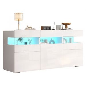 Buffet de salon 140 cm blanc laqu&eacute; brillant 3 portes7 &eacute;tag&egrave;res structure acrylique transparent avec &eacute;clairage LED140x405x665 cm