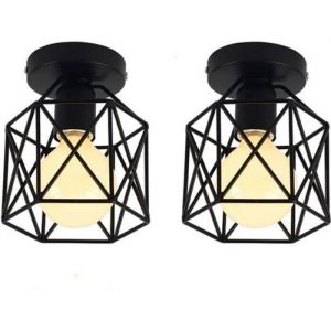 iDEGU Lot de 2 Plafonnier Industrielle en M&eacute;tal Cage Carr&eacute; Lustre Abat-jour Fer Luminaire E27 40W Noir pour Salon Chambre Bar