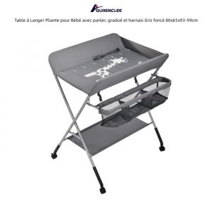 QUIIENCLEE Table à Langer Pliante pour Bébé avec panier gradué et harnais Gris foncé 80x65x93/96/99cm [Motif de girafe]