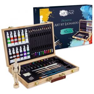 Artina - Boite Mallette pour artiste Leonardo - Ensemble complet de 45 pcs - Peinture acrylique crayons pastels