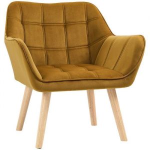 Fauteuil À Oreilles Scandinave Jaune Velours Polyester - Pieds Surélevés 67x61.5x71cm Design Moderne Et Confortable