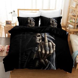 Housse de Couette T&ecirc;te de Mort - 3D Skull Microfibre - Noir - Entretien facile et s&eacute;chage rapide
