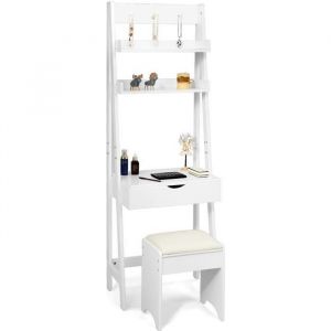 Coiffeuse Moderne avec Miroir et Tabouret - Blanc - Rangement Multicouche - 80x80cm