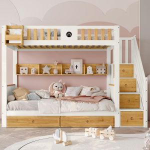 Lit Superposé 90x200cm Avec Escalier - 4 Casiers 2 Tiroirs Étagère Et Grille De Sécurité Pin Et MDFblanc+nature(sans Matelas)
