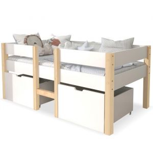 Lit enfant mi-hauteur 90x200 cm avec tiroirs Lit en bois massif avec sommier à lattes et barrières blanc