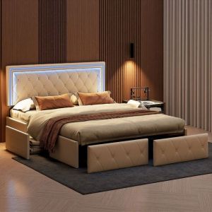 Lit double 160x200 avec rangement - Tiroirs & LED RGB APP - TOP-SIMILI CUIR Moderne Blanc cassé