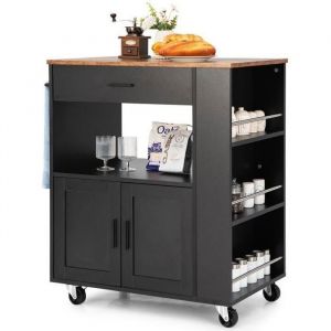 COSTWAY Desserte de Cuisine sur Roulettes (2 Verrouillables) 82x46x92cm îlot Chariot de Cuisine avec 3 Casiers à Épices Noir