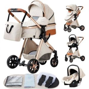 YAZOCO - Poussette 3 en 1 Bébé Poussette Combinée Siège-Auto Nacelle Trio Réversible Réglable Haute Qualité Roues increvables Blanc