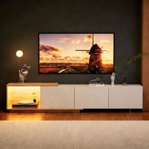 Meuble TV avec LED et 3 tiroir Meuble de salon 240/160x38x44 cm Pousser-Pour-Ouvrir pour max 65 Blanc et Bois