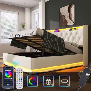 Lit Coffre blanc 180*200 cm Lit double Lit King Size  tete de lit rembourr&eacute;e avec USB type-C et fonction LED 360 surroundPU