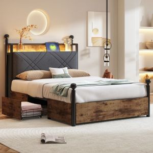 Lit adulte 90x190 cm &agrave; baldaquin modulable m&eacute;tal noir LED 16M couleurs et ports USB/Type-C