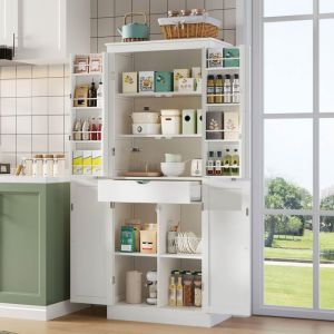 AMBIANCE Armoire de Cuisine - 75x40x182 cm - Rangement de Porte et Tiroir Interne - Meuble Colonne Multifonction en Bois MDF Blanc