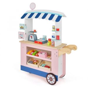 COSTWAY Marchande Enfants à Roulettes - 30 Accessoires Epicerie Enfant en Bois Jouet dImitation pour 3 Ans+