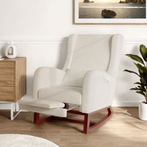 Fauteuil &agrave; bascule - Repose-pieds r&eacute;glable - Rocking Chair - Fauteuil dallaitement - avec 2 poches - Pieds en Bois Massif - Beige